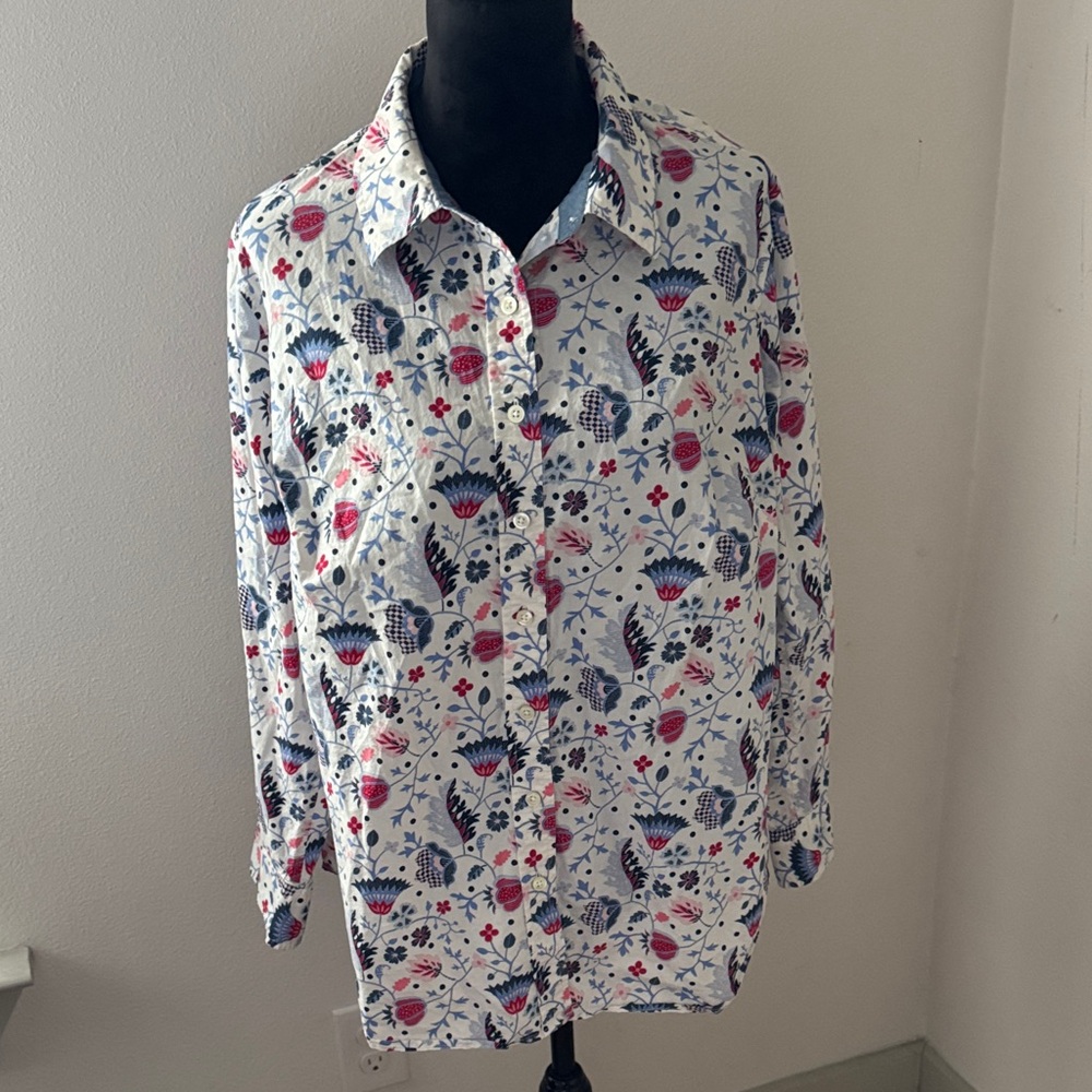 Talbots Floral Print button up red White and Blue long sleeves women’s shirt 1X